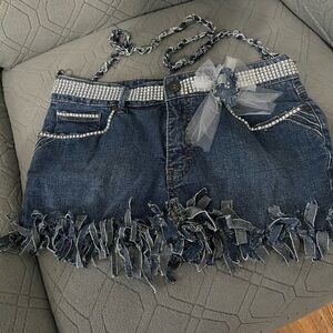 Vintage Denim Fringe Mini Skirt with Rhinestone Detailed Purse